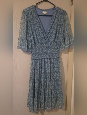 Max Studio Blue Floral Smocked Waist Midi Dress (S)